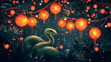 夜色下的绿蛇和红灯笼