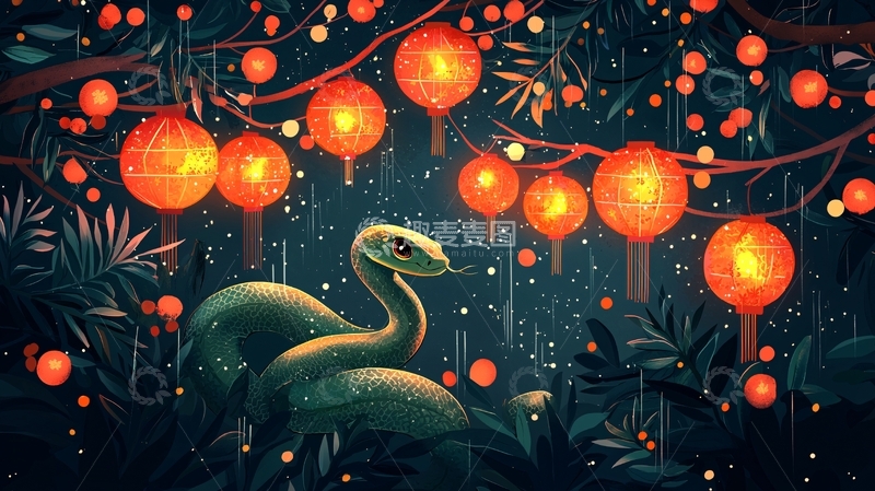 夜色下的绿蛇和红灯笼