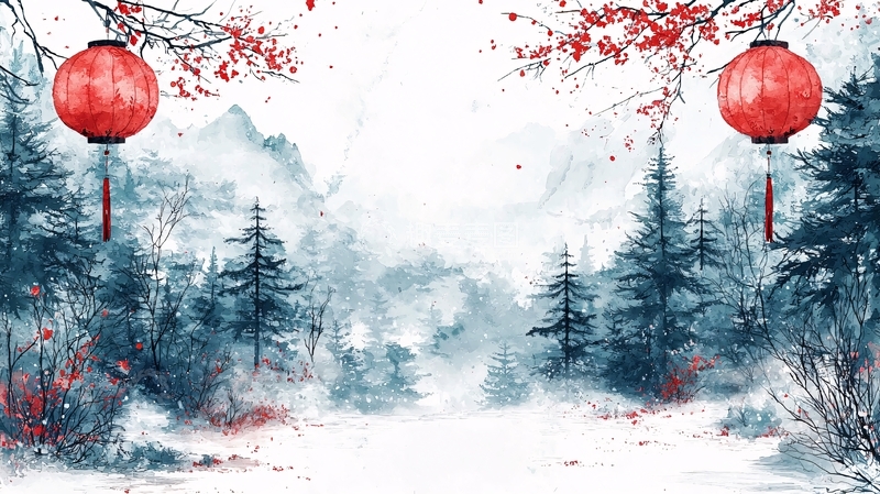 高清大图下载【趣麦麦图】水墨山水红灯笼