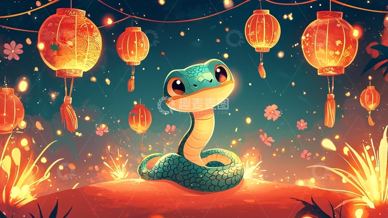 卡通蛇在灯笼下的新年