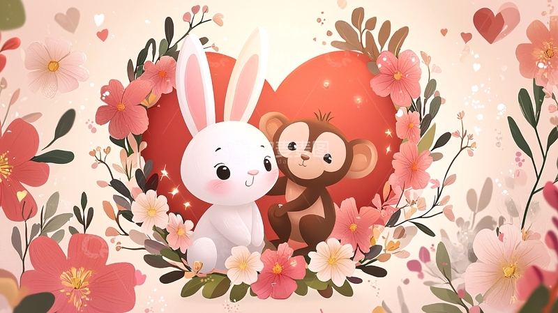 高清大图下载【趣麦麦图】可爱兔子猴子爱心花环