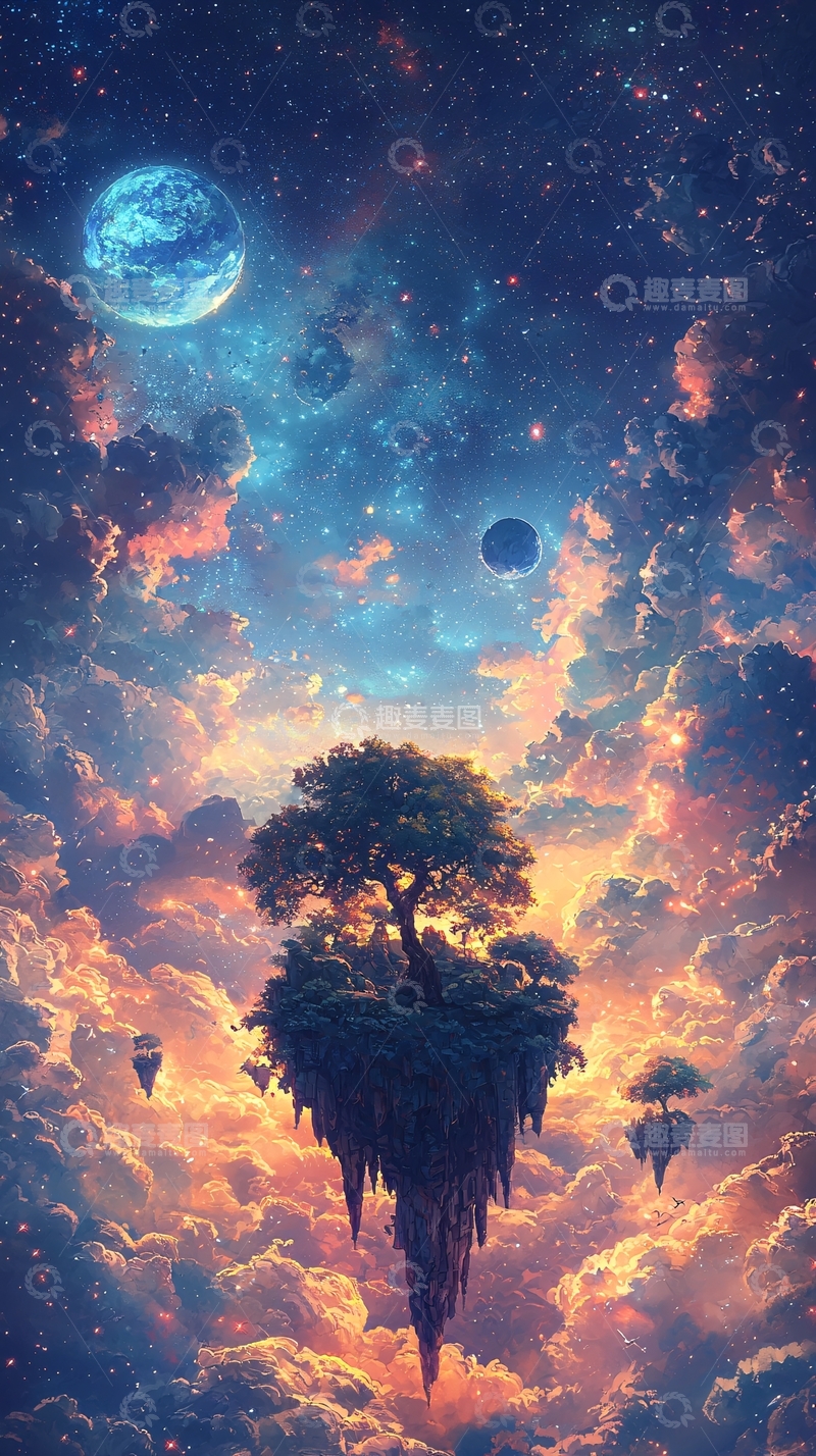 高清大图下载【趣麦麦图】漂浮的树与星球