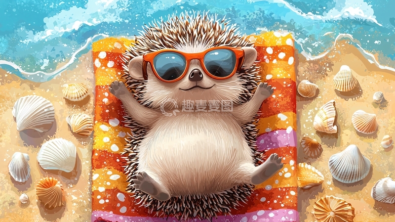 高清大图下载【趣麦麦图】沙滩上戴墨镜的刺猬