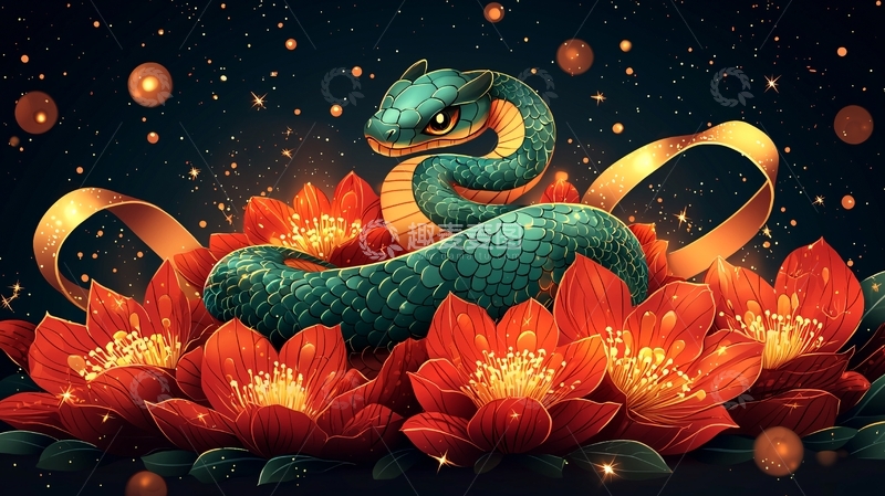 绿宝石蛇与红花