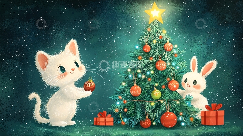 高清大图下载【趣麦麦图】圣诞节猫咪兔子装饰圣诞树