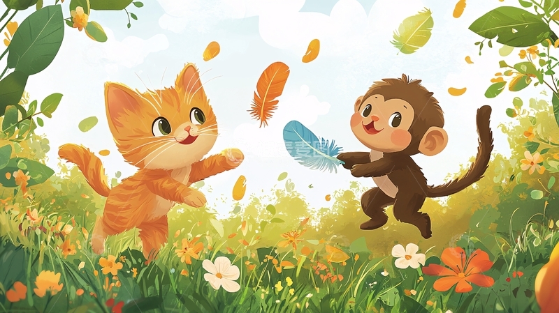 高清大图下载【趣麦麦图】猫咪和小猴子玩耍