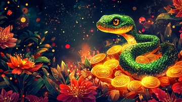 绿蛇金币花朵梦幻背景