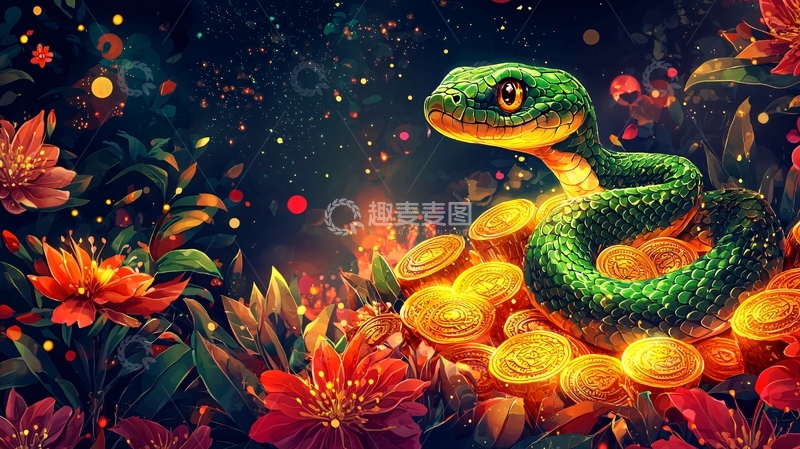 绿蛇金币花朵梦幻背景