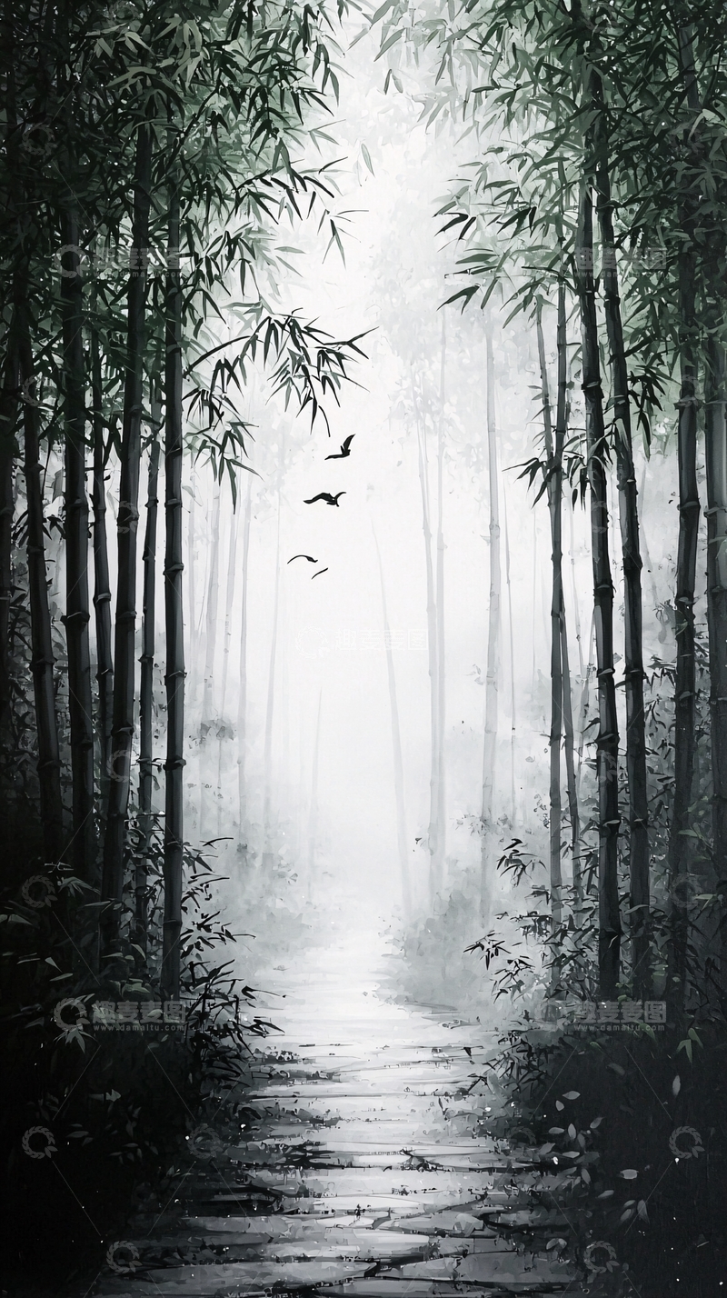 高清大图下载【趣麦麦图】水墨竹林小径