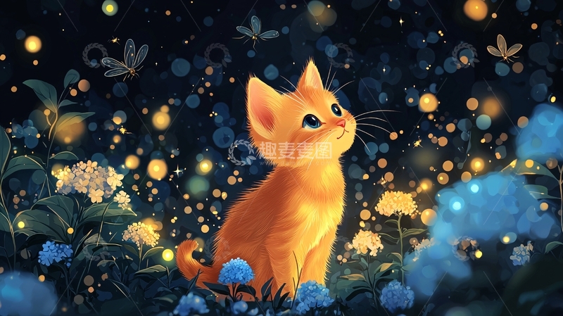 高清大图下载【趣麦麦图】小猫萤火虫梦幻背景