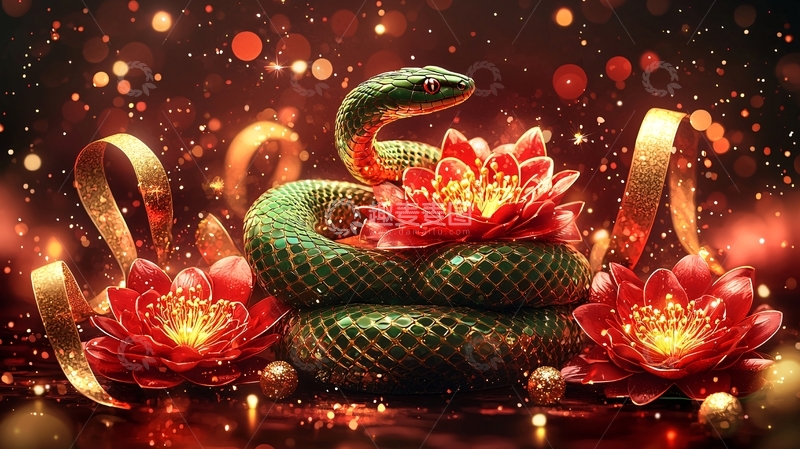 绿蛇红莲祥瑞图