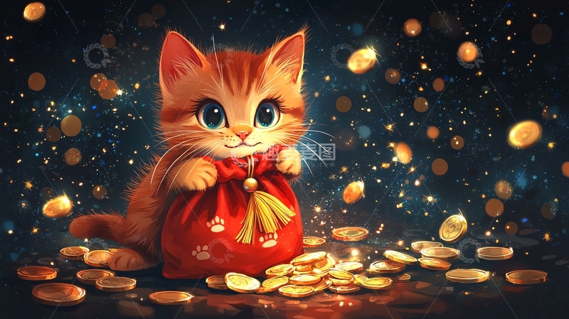 高清大图下载【趣麦麦图】可爱小猫抱着钱袋
