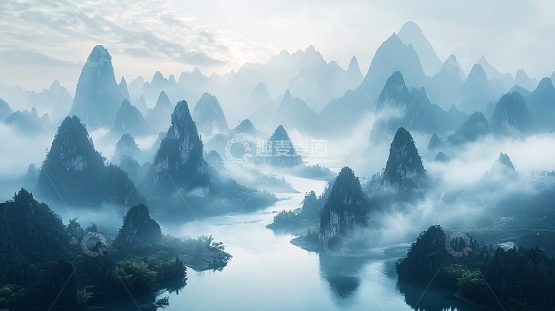 高清大图下载【趣麦麦图】清晨薄雾中的喀斯特山峰