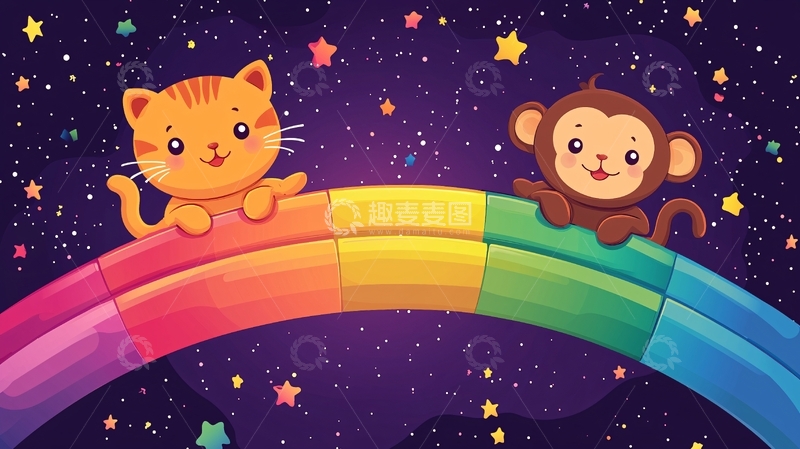 高清大图下载【趣麦麦图】猫咪猴子彩虹星空