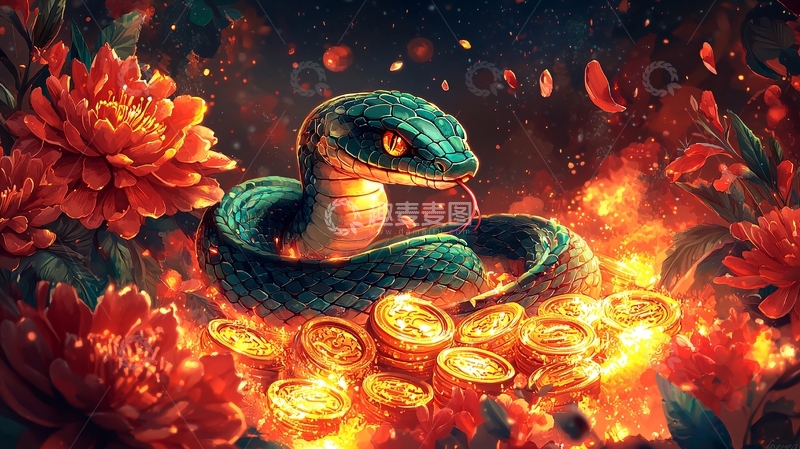 火焰花朵中的绿蛇金币