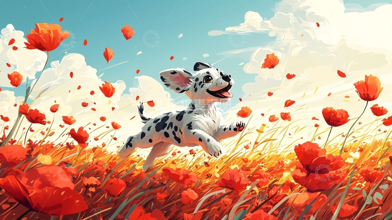 高清大图下载【趣麦麦图】小狗在罂粟花田里奔跑