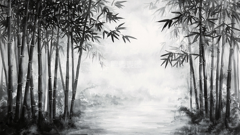 高清大图下载【趣麦麦图】水墨画竹林小径