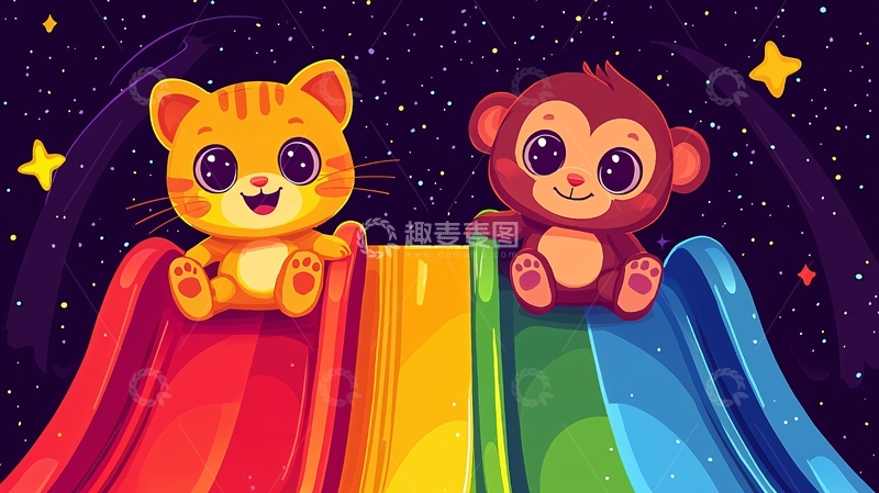 高清大图下载【趣麦麦图】卡通猫咪猴子滑滑梯