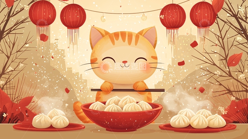 高清大图下载【趣麦麦图】-新年猫咪吃饺子