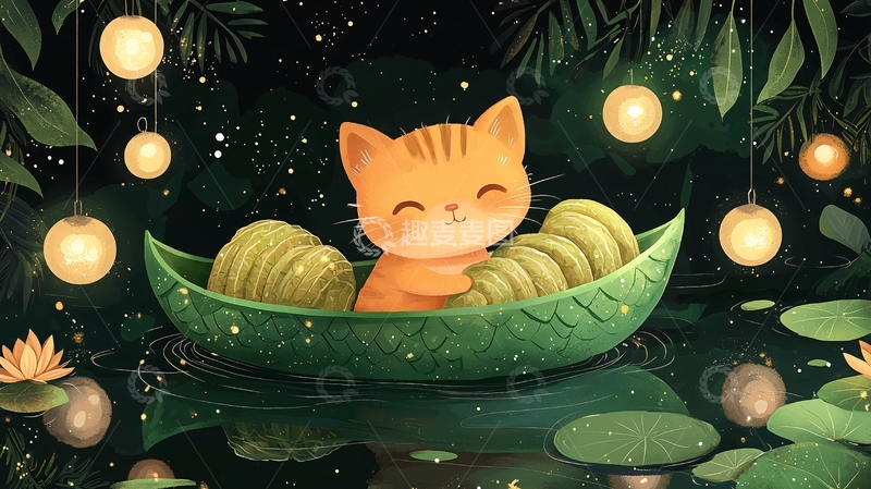 高清大图下载【趣麦麦图】小猫乘着豌豆船夜航