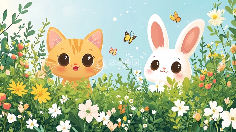 高清大图下载【趣麦麦图】猫咪和兔子在花丛中