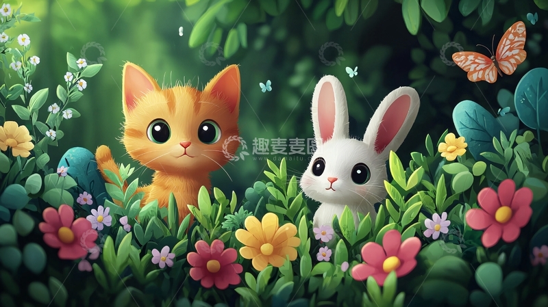 高清大图下载【趣麦麦图】小猫小兔森林花丛