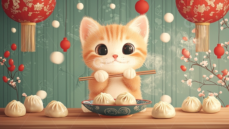 高清大图下载【趣麦麦图】萌宠小猫吃汤圆