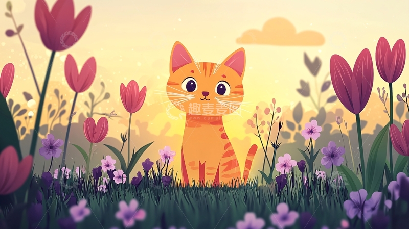 高清大图下载【趣麦麦图】夕阳下的小猫与郁金香