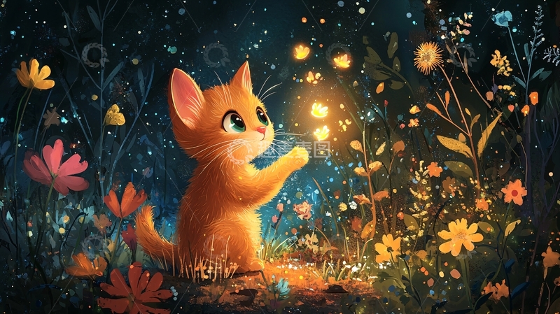 高清大图下载【趣麦麦图】小猫与萤火虫花海