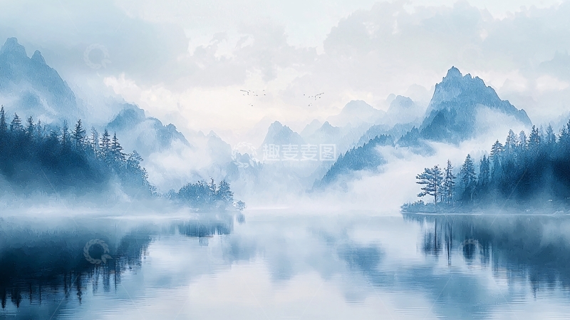 高清大图下载【趣麦麦图】雾气弥漫的山湖景色