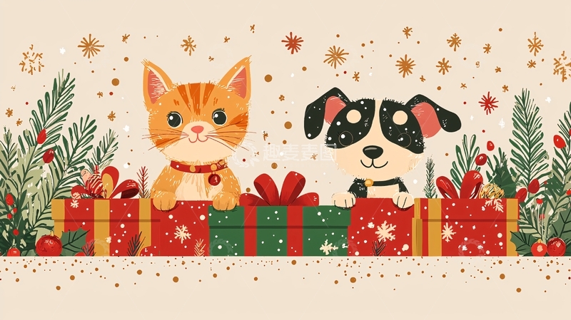 高清大图下载【趣麦麦图】圣诞猫咪狗狗礼物