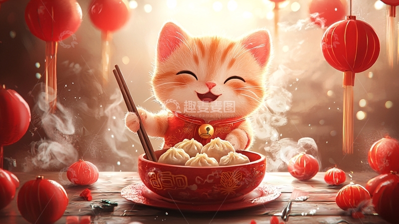 高清大图下载【趣麦麦图】新年快乐小猫咪吃饺子