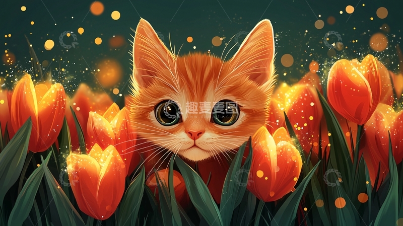 高清大图下载【趣麦麦图】小猫藏在郁金香花丛中