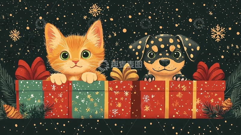 高清大图下载【趣麦麦图】圣诞猫咪狗狗礼物
