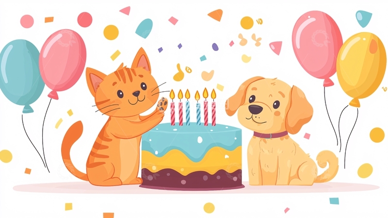 高清大图下载【趣麦麦图】卡通猫咪狗狗生日蛋糕