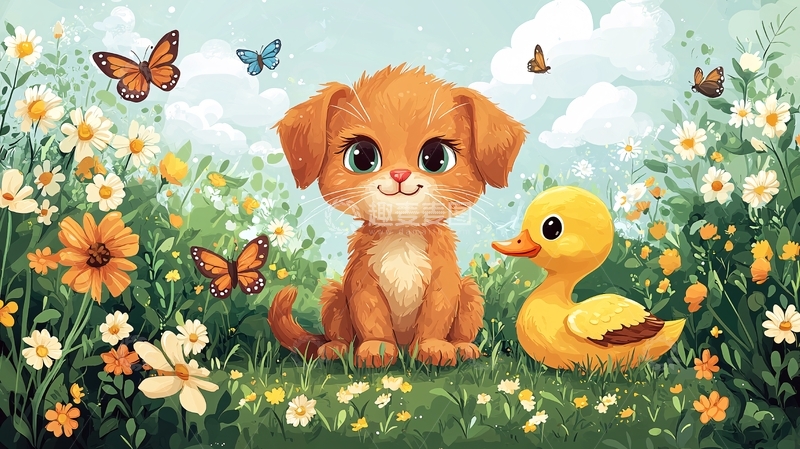 高清大图下载【趣麦麦图】小狗鸭子花丛蝴蝶