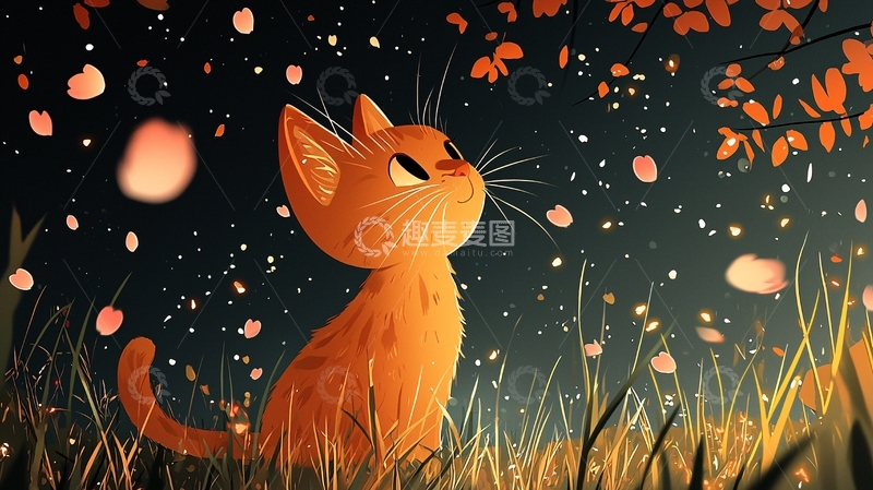 高清大图下载【趣麦麦图】橘色小猫仰望星空和花瓣