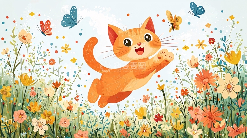 高清大图下载【趣麦麦图】小猫跳跃花丛