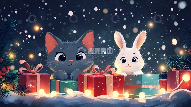 高清大图下载【趣麦麦图】圣诞节猫咪兔子