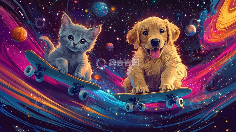 高清大图下载【趣麦麦图】宇宙猫咪狗狗滑板