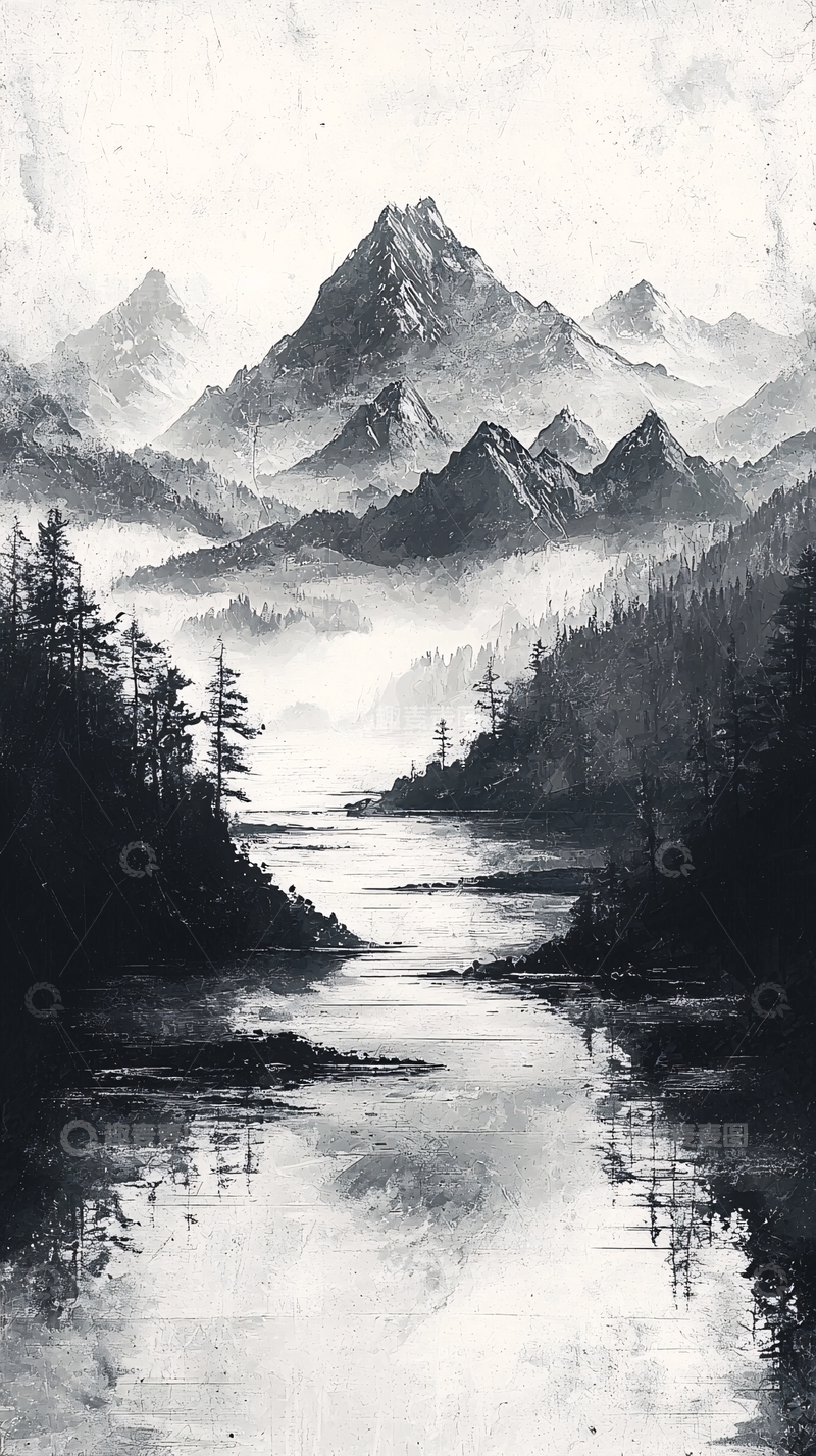 高清大图下载【趣麦麦图】黑白山水画