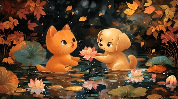 猫咪狗狗秋日荷花