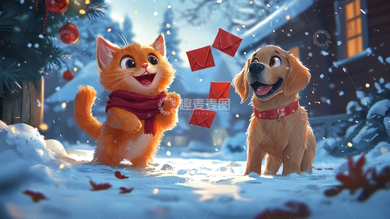 高清大图下载【趣麦麦图】猫狗雪地庆祝圣诞