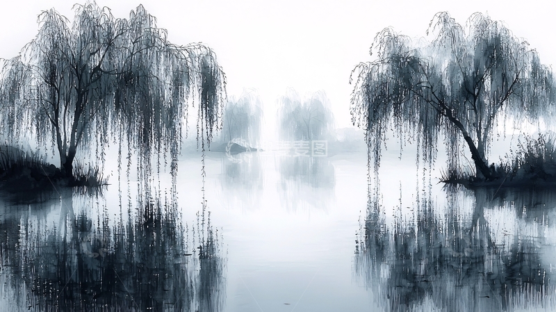 高清大图下载【趣麦麦图】雾中垂柳倒影