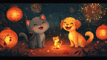 卡通猫咪狗狗烟花灯笼