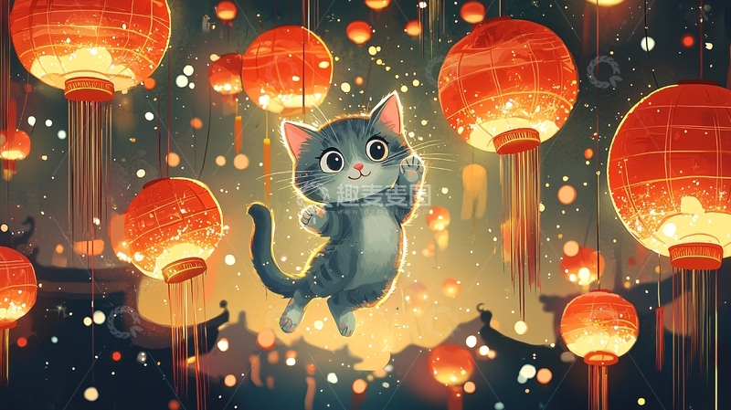 高清大图下载【趣麦麦图】小猫与灯笼梦幻场景