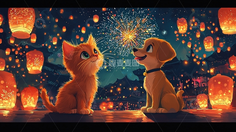 高清大图下载【趣麦麦图】小猫小狗看烟火