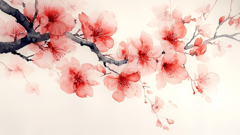 高清大图下载【趣麦麦图】红粉桃花水彩画