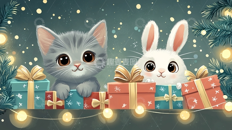 高清大图下载【趣麦麦图】圣诞节猫咪兔子礼物