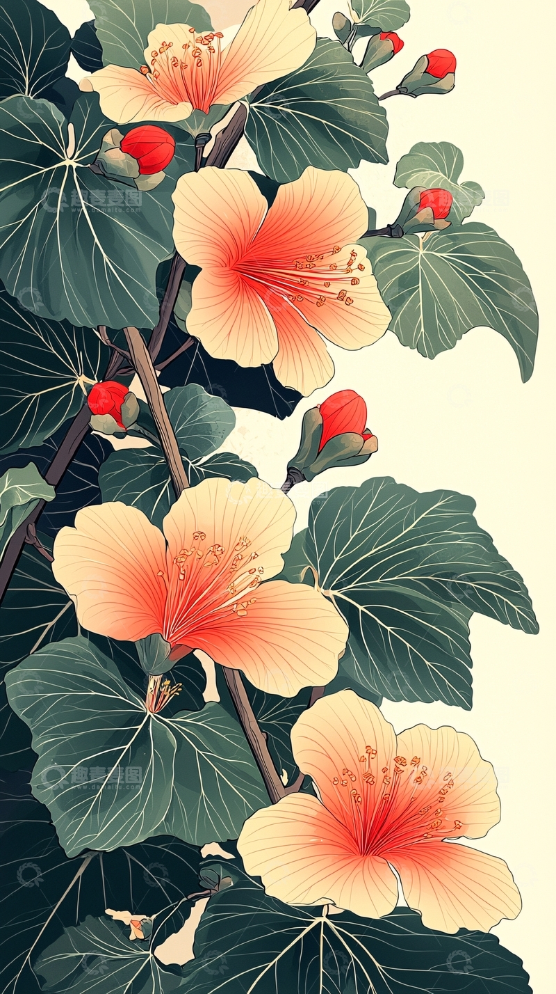 高清大图下载【趣麦麦图】水墨画风格的木槿花